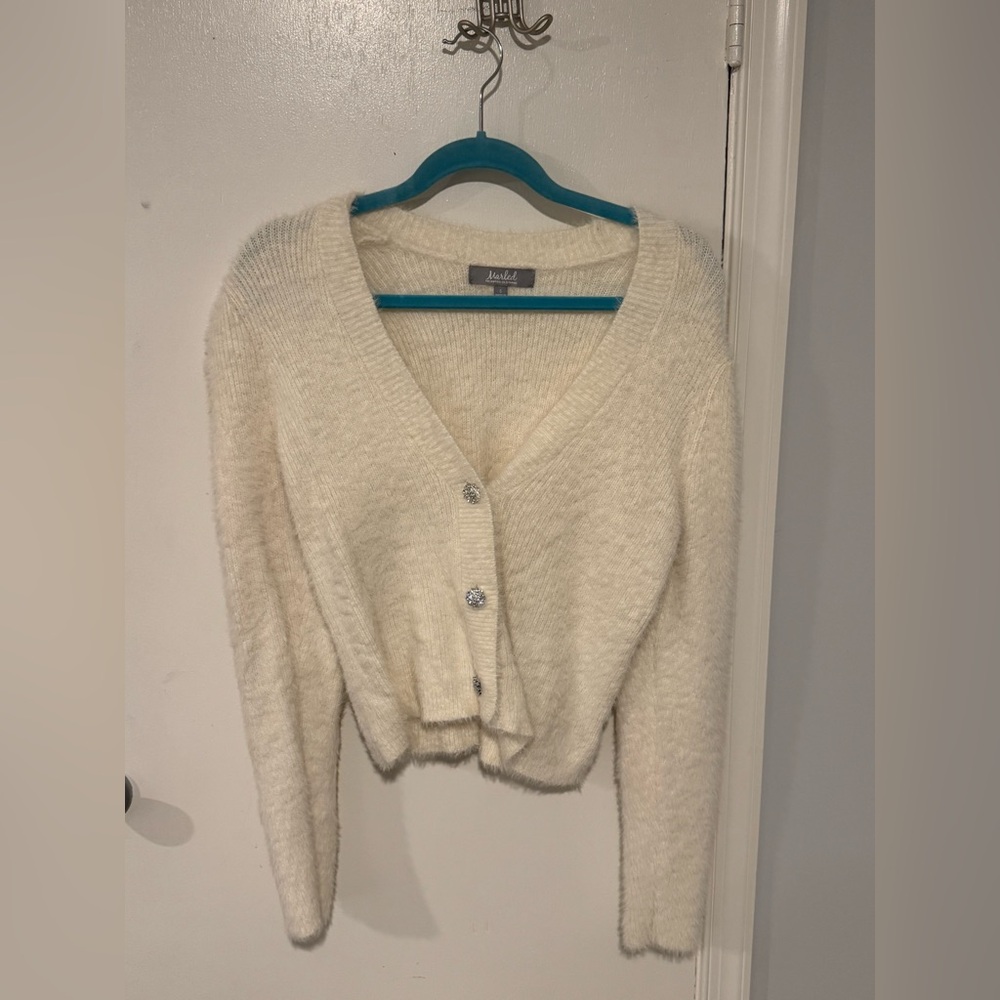 Marled White Fuzzy Cardigan Sweater